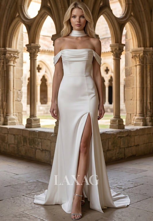 Tube Top Off-Shoulder Sleeveless Satin Pleated Sweep Train A-Line Wedding Dress with Slit
