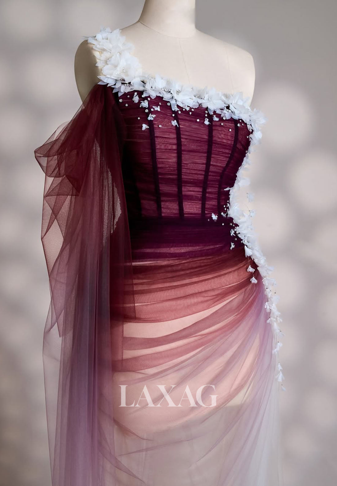 Asymmetrical-Neck One-Strtap Mermaid Prom Dress Floral Embellished Ombre Tulle Party Gowns