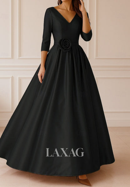 V-Neck 3/4-Sleeves Formal Gowns Floral Embellished Pleated Satin A-Line Evening Dress