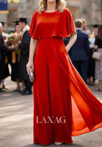 Scoop-Neck Sleeveless Chiffon Pleated Jumpsuit Mother of the Bride Dress with Overlay