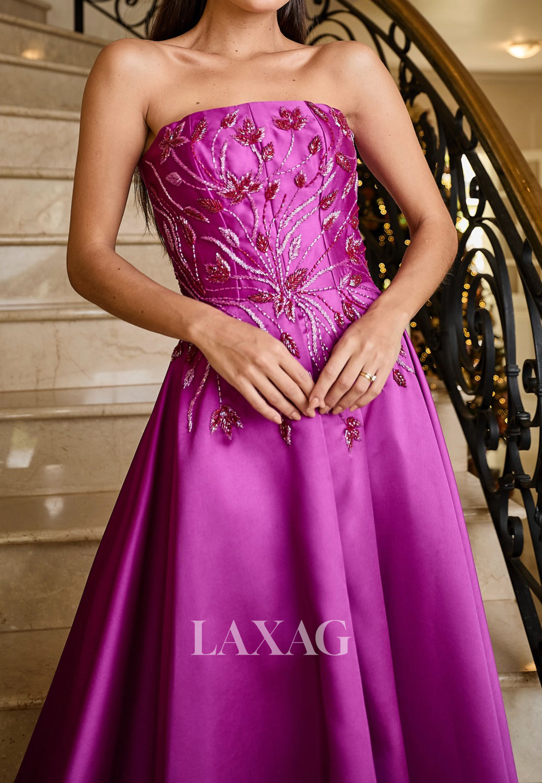 Tube Top Off-Shoulder Sleeveless Beaded Applique Satin Pleated A-Line Evening Dress with Train
