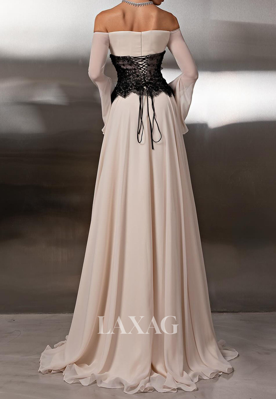 Bateau-Neck Off-Shoulder Long-Sleeves Pleated Chiffon&Lace A-Line Formal Evening Dress