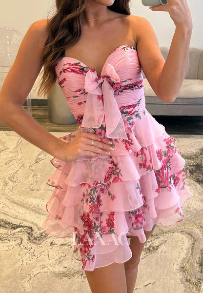 Sweetheart Off-Shoulder SleevelessPleated Chiffon Tiered Short A-Line Party Homecoming Dress