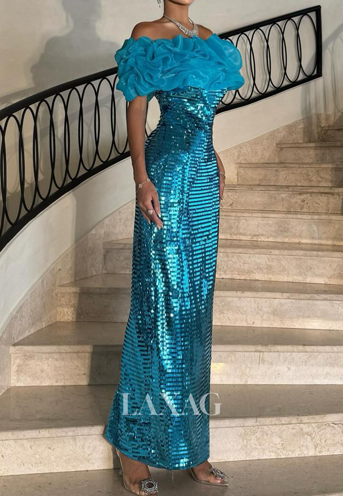 Off-Shoulder Fully Sequined Floor-Length Formal Gowns Bateau-Neck Pleated Chiffon Mermaid Evening Dress