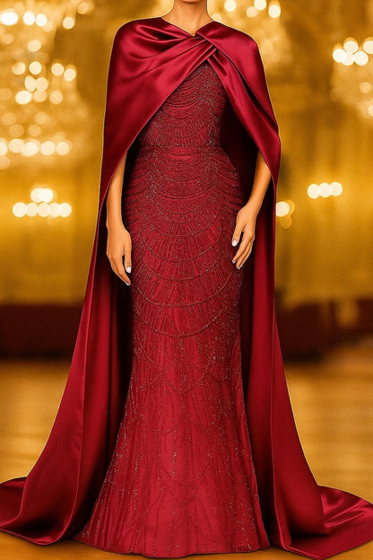 Beaded Mermaid Evening Gown with Draped Cape