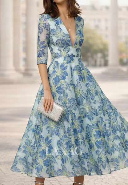 A-Line Deep V-Neck Half-Sleeves Jacquard Chiffon Pleated Sheer Ankle-Length Evening Dress