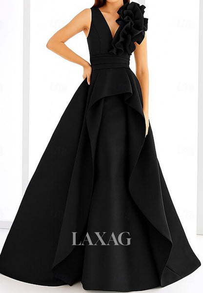 Deep V-Neck Straps Sleeveless Ruffled Pleated Satin Floor-Length A-Line Formal Evening Dress