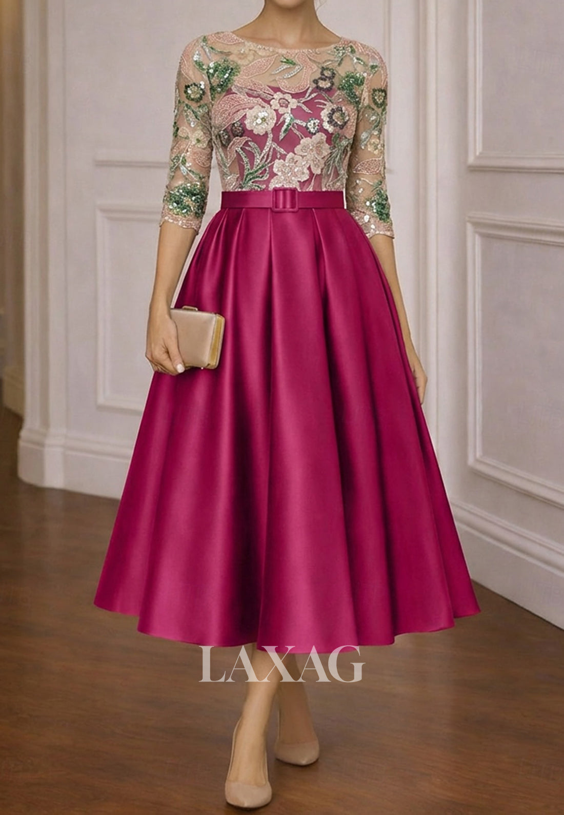 Scoop-Neck 3/4-Sleeves Sequined Tulle&Satin Pleated Sheer Tea-Length A-Line Evening Dress