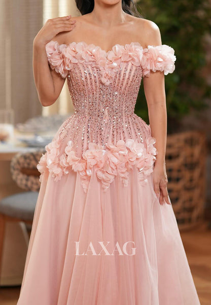 Sweetheart Off-Shoulder A-Line Evening Dress Sleeveless Beaded Sequined Pleated Tulle Formal Gowns