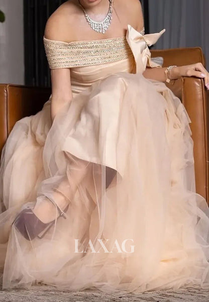 Bateau-Neck Floor-Length A-Line Prom Dress Off-Shoulder Beaded Pleated Satin Tulle Party Gowns