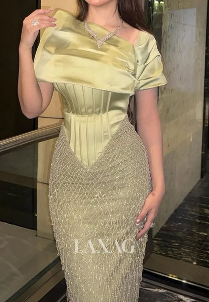 Asymmetrical-Neck Pleated Satin Formal Gowns Short-Sleeves Sequined Mermaid Evening Dress