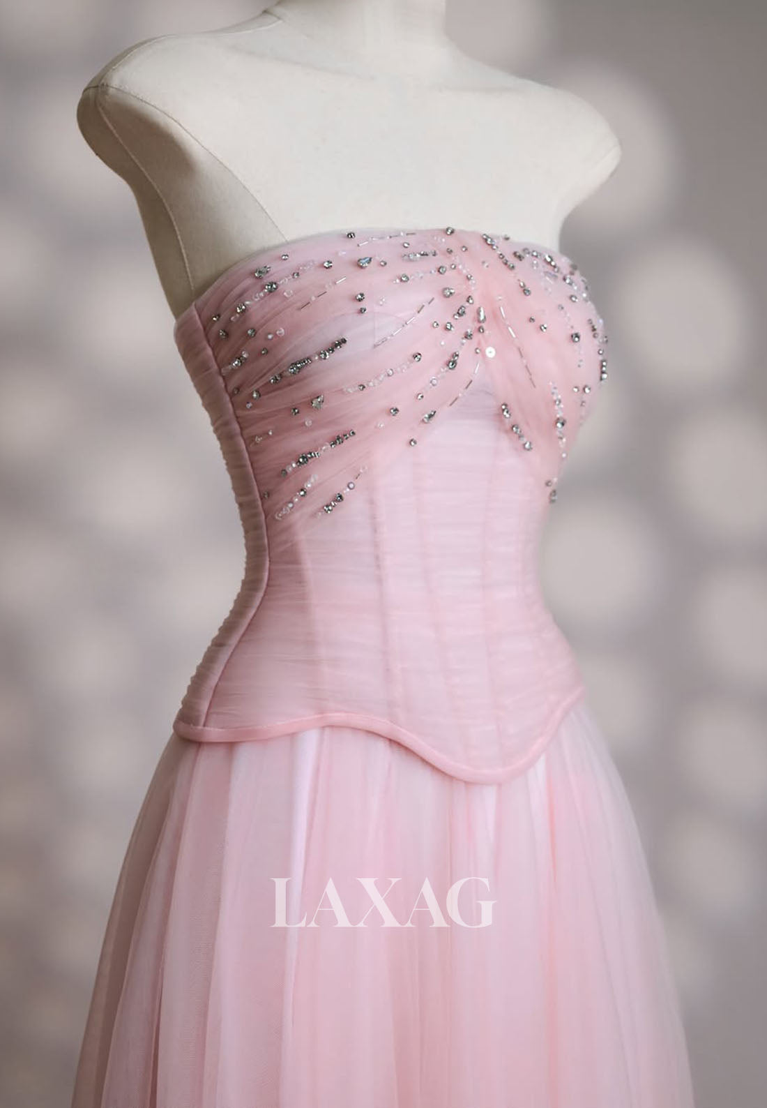 Tube Top Off-Shoulder Sleeveless Beaded Tulle Pleated Floor-Length A-Line Prom Dress