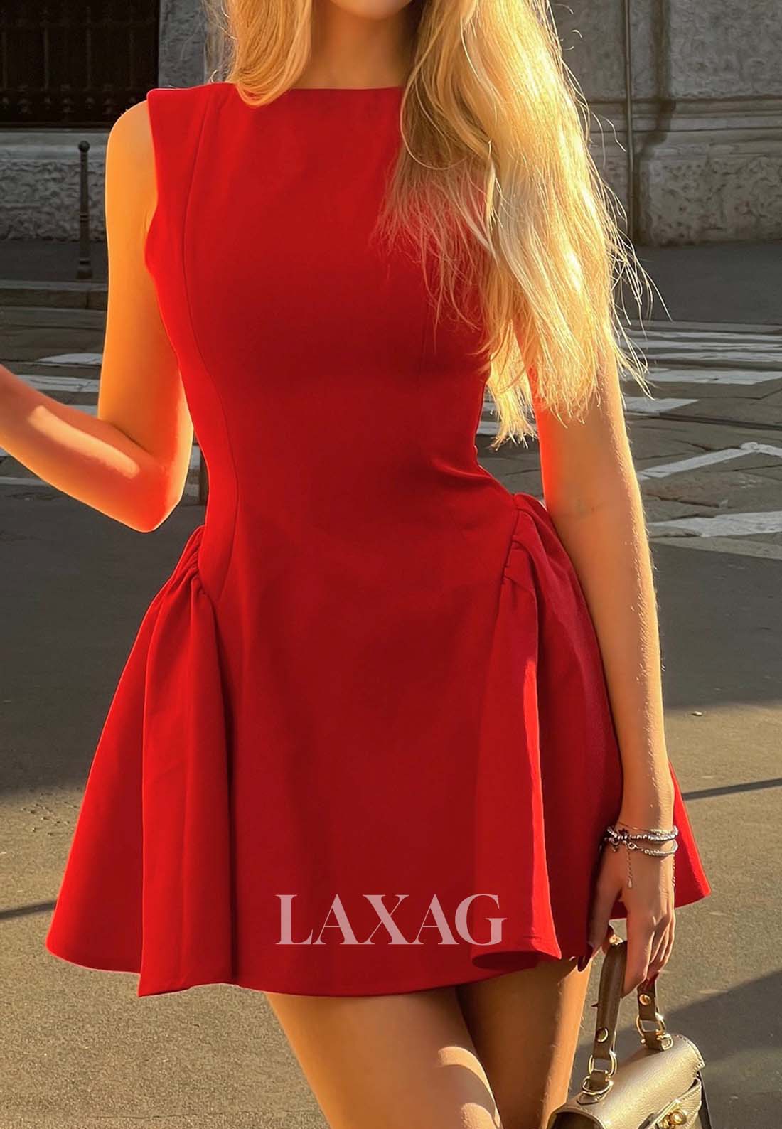 Scoop-Neck Off-Shoulder Sleeveless Pleated Satin Short A-Line Party Homecoming Dress