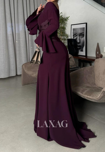 Bateau-Neck Off-Shoulder Long-Bell-Sleeves Pleated Satin Mermaid Formal Evening Dress