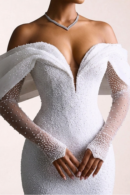 Sweetheart Long-Sleeves Fully Beaded Satin&Tulle Pleated Mermaid Wedding Dress