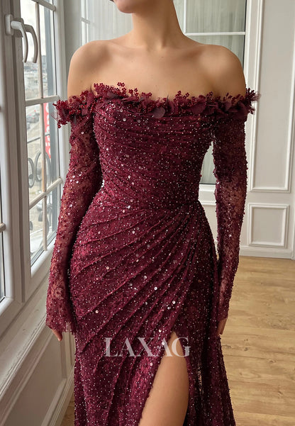 Bateau-Neck Long-Sleeves Pleated Mermmaid Prom Dress Fully Sequined Pleated Slit Evening Gowns