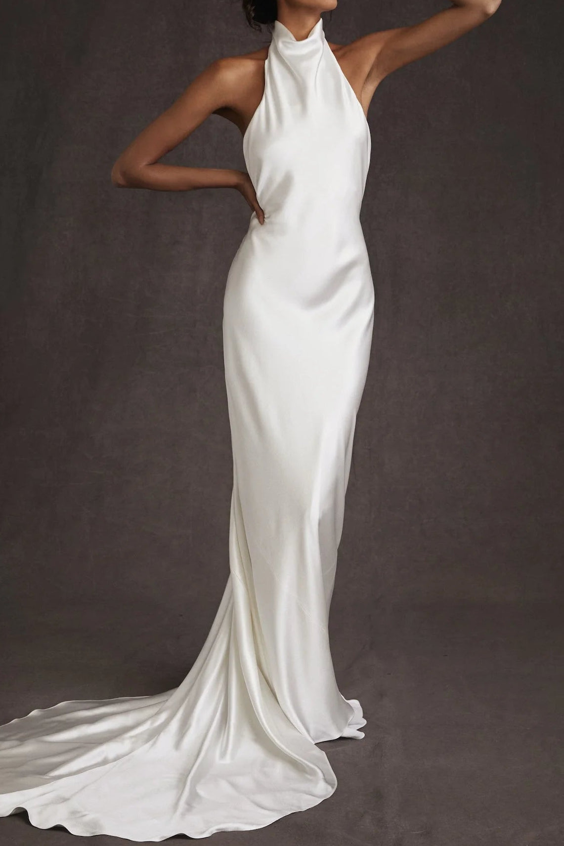 Halter-Neck Off-Shoulder Sleeveless Satin Pleated Sweep Train Mermaid Wedding Dress