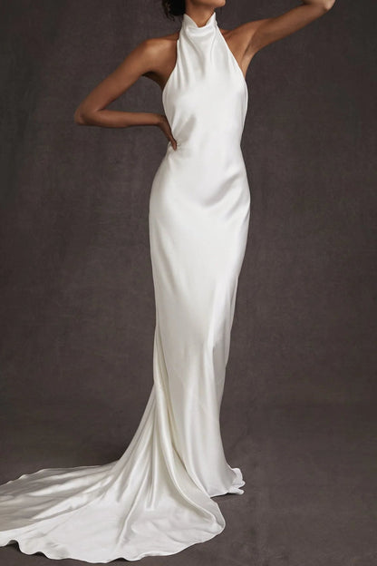 Halter-Neck Off-Shoulder Sleeveless Satin Pleated Sweep Train Mermaid Wedding Dress