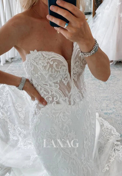 Sweetheart Off-Shoulder Sleeveless Bride Gowns Lace Applique Sweep Train Tulle Mermaid Wedding Dress