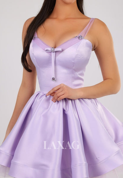 V-Neck Spaghetti Straps Sleeveless Rhinestone Pleated Satin A-Line Homecoming Dress