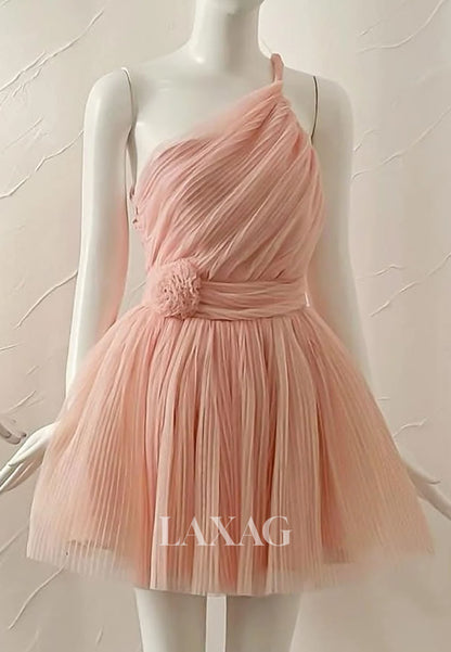 Asymmetrical-Neck Off-Shoulder Sleeveless Pleated Tulle A-Line Party Homecoming Dress