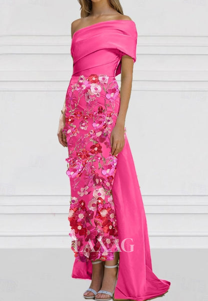 Asymmetrical-Neck Sleeveless Mermaid Evening Dress Floral Embellished Applique Satin Formal Gowns