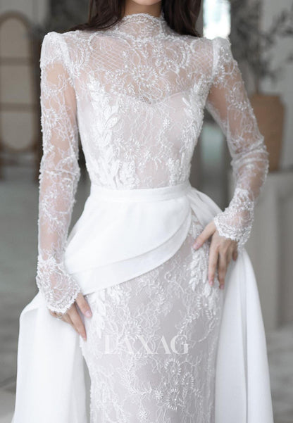 High-Neck Long-Sleeves Allover Lace Bride Gowns Beaded Applique Mermaid Wedding Dress with Chiffon Train