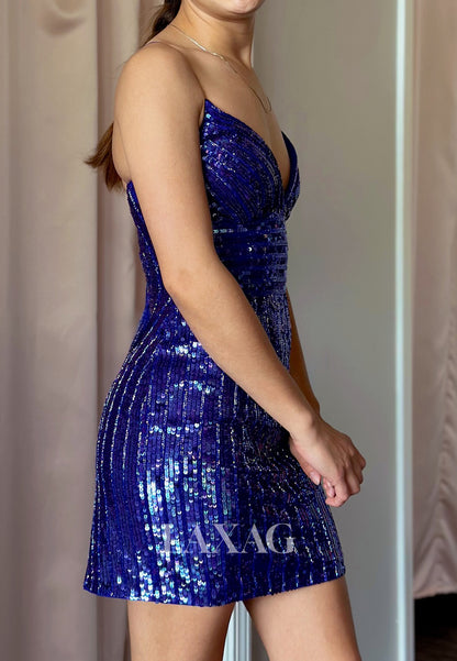 V-Neck Spaghetti Straps Sleeveless Fully Sequined Mermaid Party Homecoming Dress