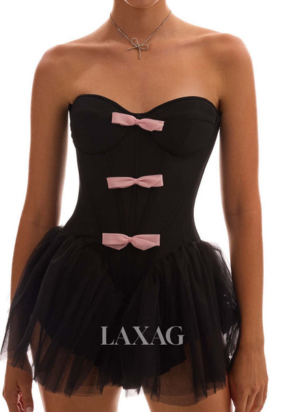 Off-Shoulder Sweetheart Sleeveless Satin&Tulle A-Line Party Homecoming Dress with Bows