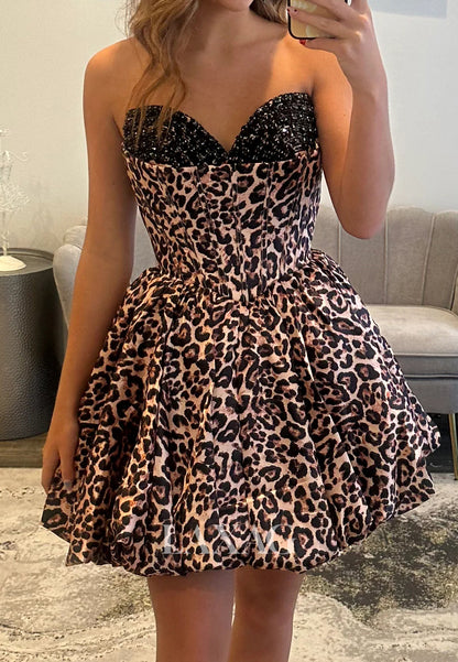 Beaded Sweetheart Off-Shoulder Sleeveless Print-Chiffon Pleated A-Line Party Homecoming Dress