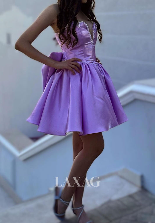 V-Neck Off-Shoulder Sleeveless Rhinestone Pleated Satin A-Line Party Homecoming Dress