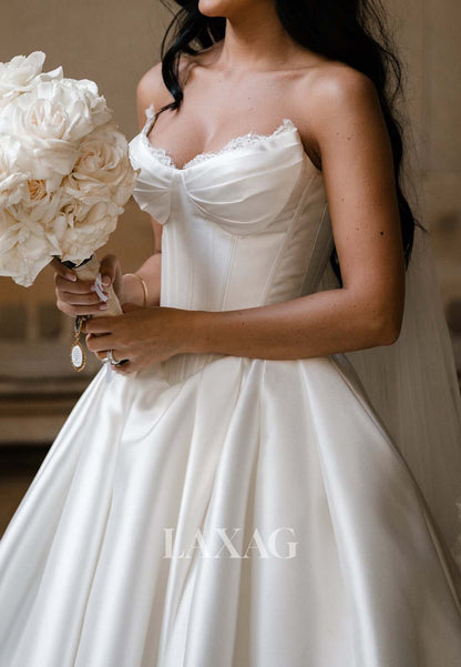 Simple Sweetheart Off-Shoulder Sleeveless Beaded Pleated Satin Long A-Line Wedding Dress