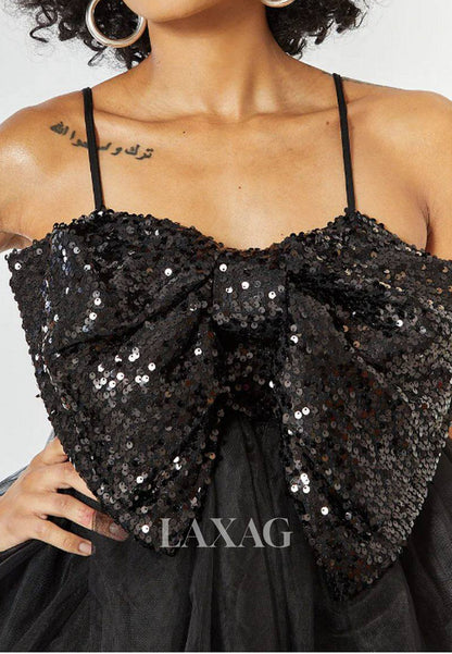 Sweetheart Spaghetti Straps Pleated Tulle Tiered A-Line Party Homecoming Dress with Sequined Bow