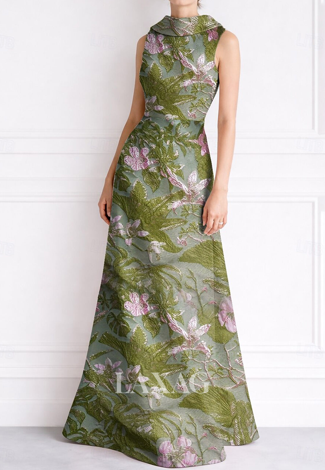 High-Neck Collared Sleeveless Jacquard Satin Pleated Floor-Length Mermaid Evening Dress