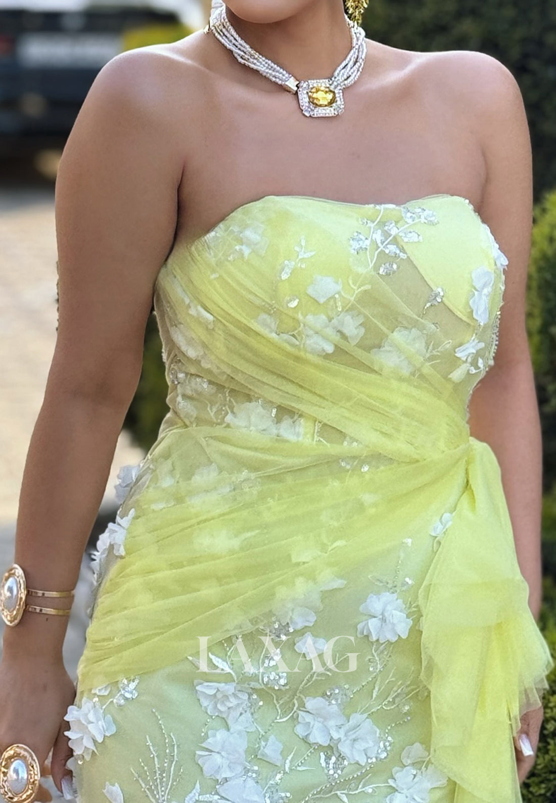 Sweetheart Off-Shoulder Sleeveless Floral Embellished Pleated Tulle Mermaid Prom Dress