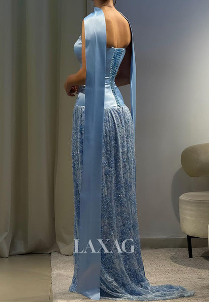 Off-Shoulder Sweetheart Sleeveless Beaded Sequined Applique Pleated Satin&Lace Fitted Prom Dress