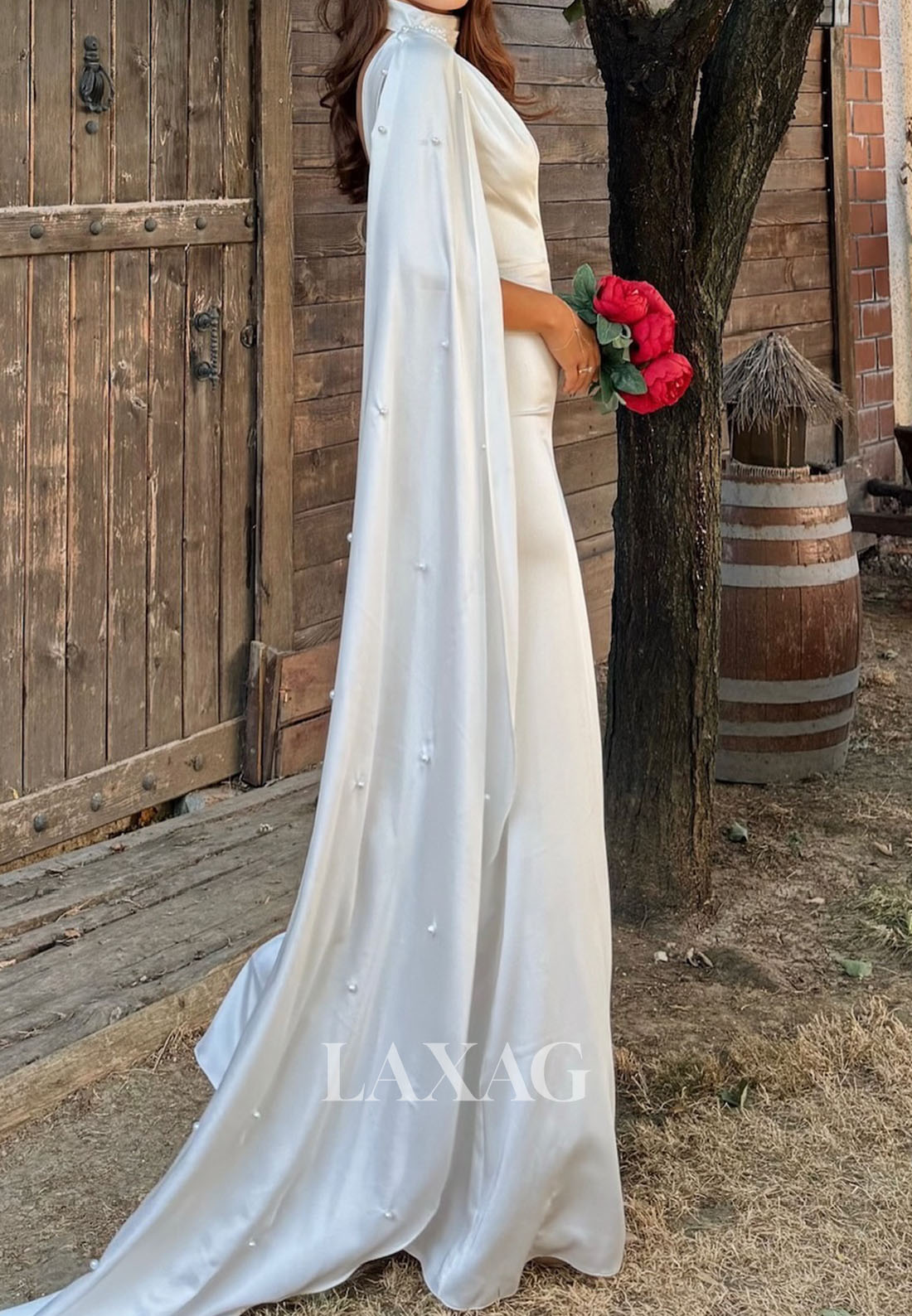 Halter Asymmetrical-Neck Sleeveless Floor-Length Pleated Satin Mermaid Wedding Dress with Train
