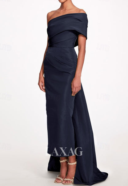 Asymmetrical-Neck Off-Shoulder Sleeveless Pleated Satin Ankle-Length Mermaid Formal Evening Dress