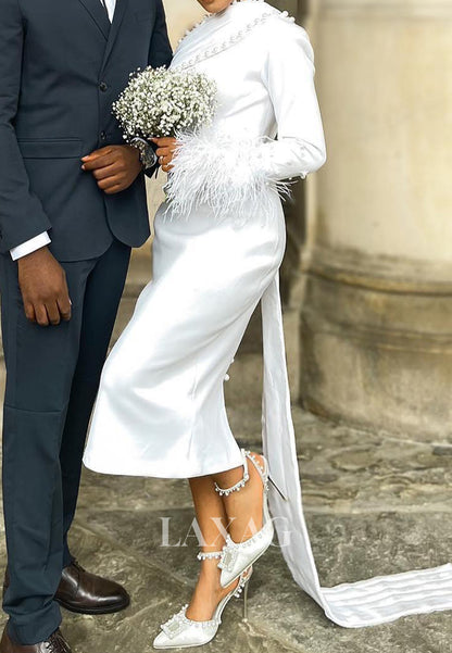 Asymmetrical-Neck One-Long-Sleeves Beaded Satin Pleated Tea-Length Mermaid Wedding Dress