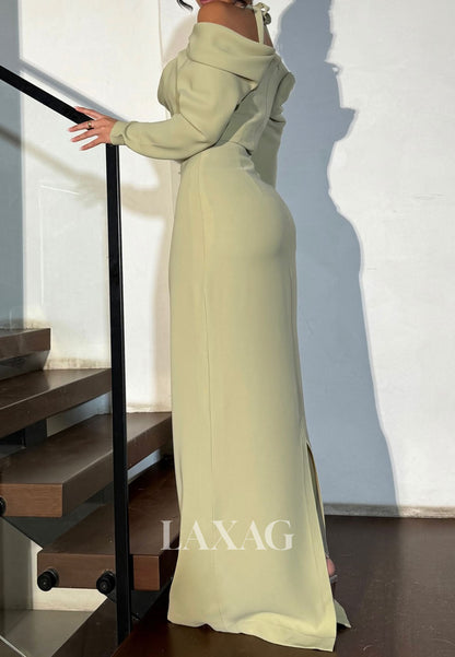 Halter-Neck Off-Shoulder Long-Sleeves Pleated Chiffon Floor-Length Mermaid Evening Dress