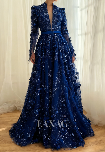 A-Line Plunging V-Neck Long-Sleeves Prom Dress Sequined Floral Embellished Tulle Party Gowns
