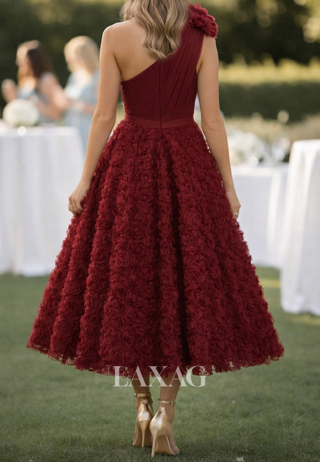 Asymmetrical-Neck One-Strap 3D-Floral Chiffon Pleated Tea-Length A-Line Mother of the Bride Dress