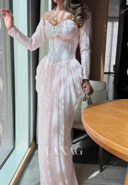 Halter-Sweetheart Long-Sleeves Sequined Beaded Chiffon&Satin Pleated Mermaid Evening Dress