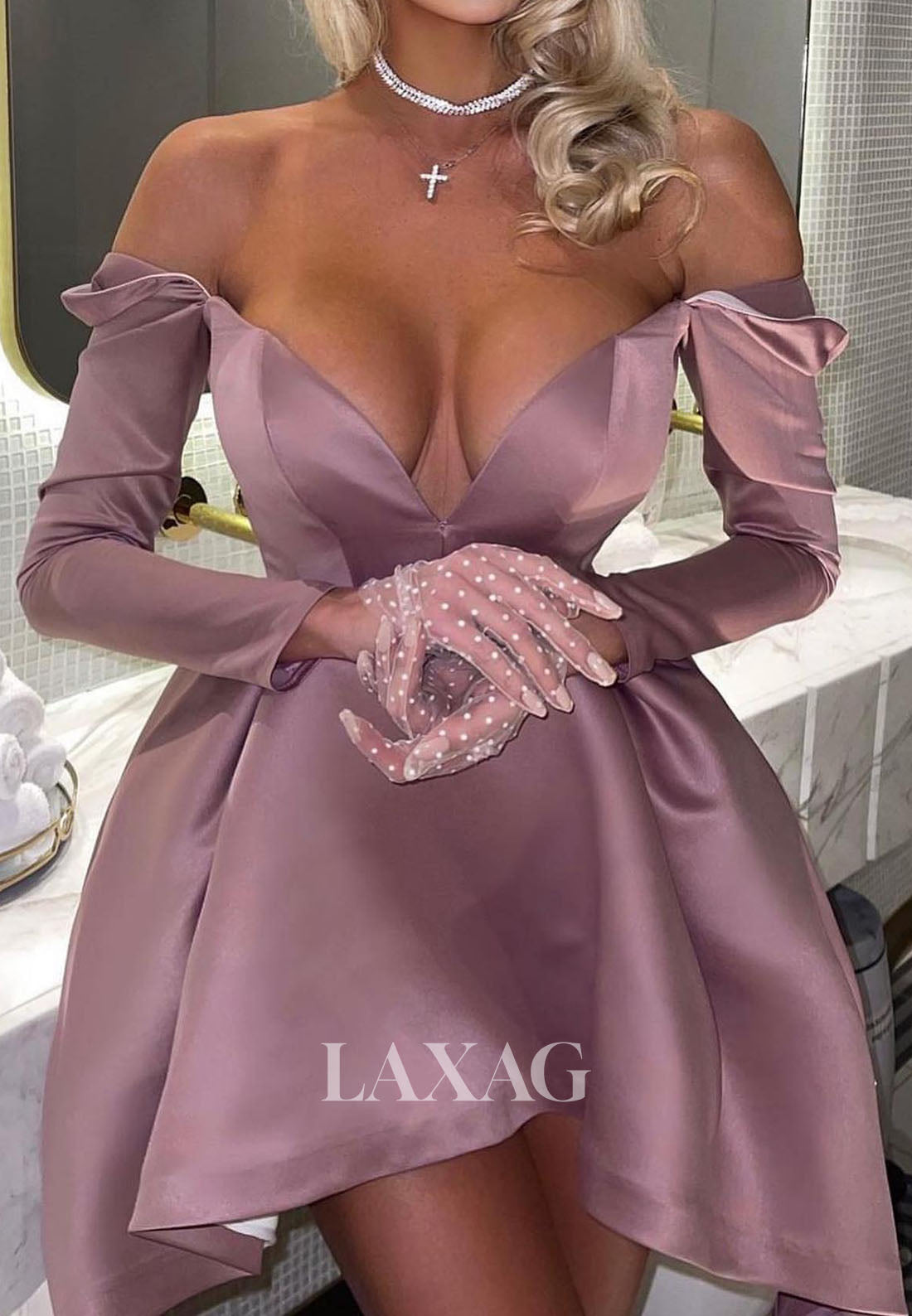 Simple Deep V-Neck Long-Sleeves Pleated Satin Short A-Line Party Homecoming Dress