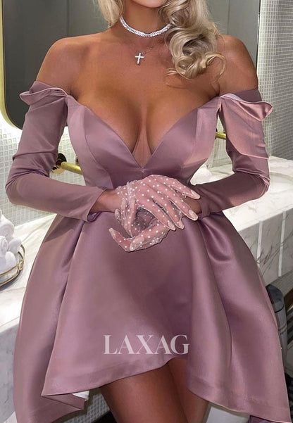 Simple Deep V-Neck Long-Sleeves Pleated Satin Short A-Line Party Homecoming Dress