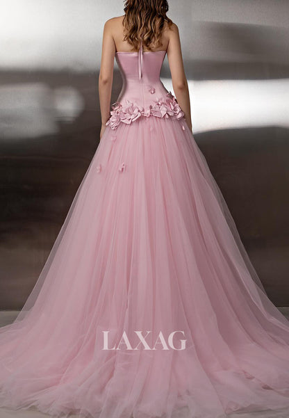 Halter Tube Top Off-Shoulder A-Line Prom Dress Sleeveless Floral Embellished Pleated Party Gowns