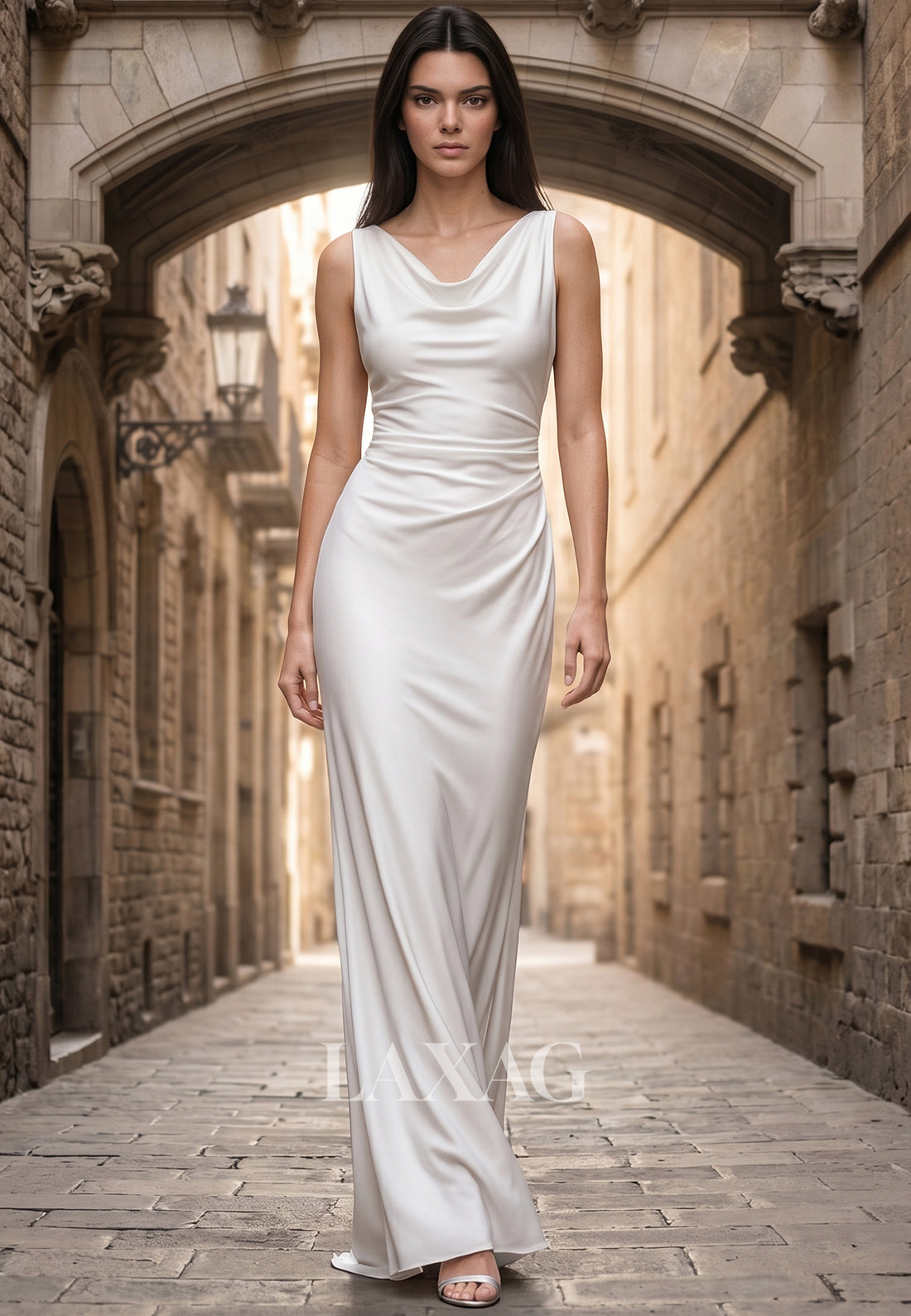 V-Neck Straps Sleeveless Satin Pleated Floor-Length Mermaid Wedding Dress with Sweep Train