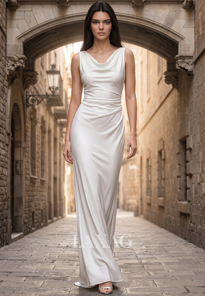 V-Neck Straps Sleeveless Satin Pleated Floor-Length Mermaid Wedding Dress with Sweep Train