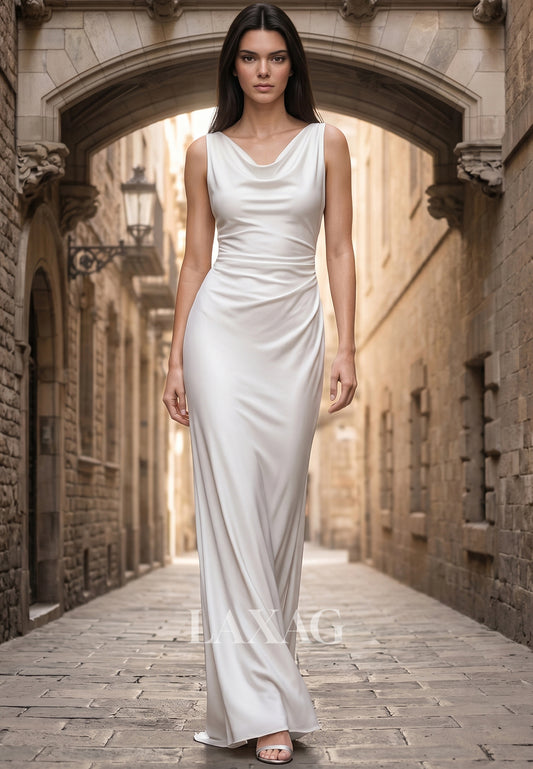 V-Neck Straps Sleeveless Satin Pleated Floor-Length Mermaid Wedding Dress with Sweep Train