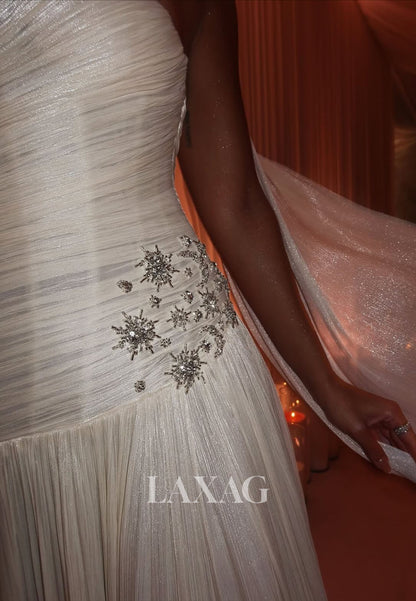 One-Strap Sweetheart Beaded Formal Gowns Sleeveless Pleated Tulle A-Line Evening Dress